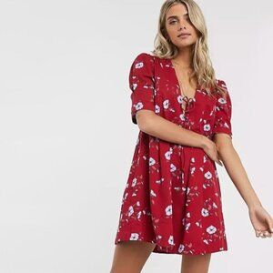 NWT Free People red & purple floral print cotton blend tunic, S
